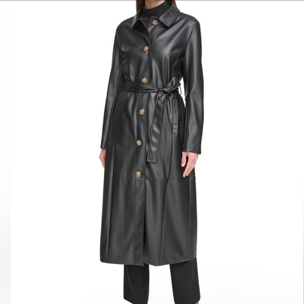Calvin Klein Black Faux Leather Button Up belted Long Maxi Trench Coat size S